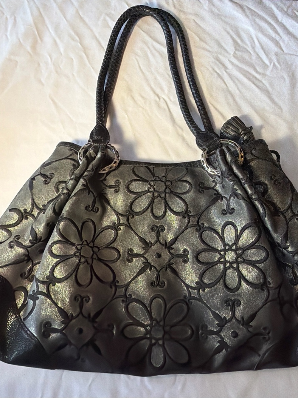 Brighton Valencia Floral Embossed Shoulder Bag Black Leather/Pewter Purse
